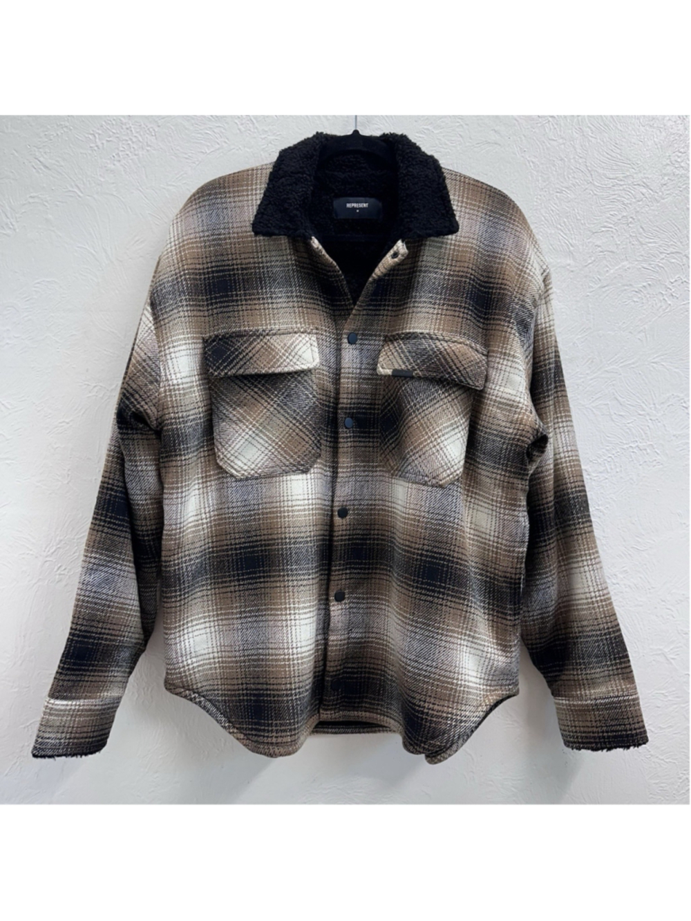 Represent Sherpa Shirt Jacket Plaid Gradient Check Overshirt Brown Black Medium